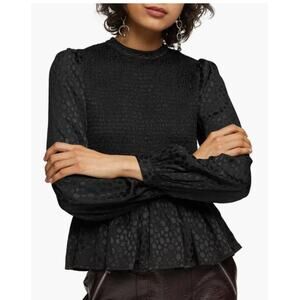 Topshop Satin Smocked Pleated Blouse Womens 4 Black Whimsigoth Cottagecore